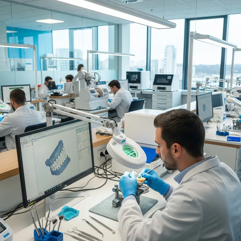 Professional dental laboratory technician working on dental prosthesis